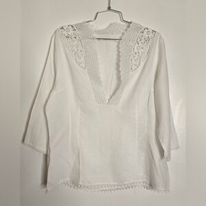 PART TWO White Embroidery Trim V-Neck Pullover Blouse